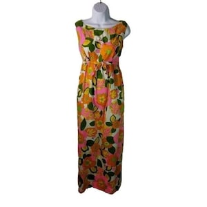 Vtg 60s bright floral mod sleeveless maxi dress,vintage 1960s tropical flowered long luau mod mid century dress, long bright colorful hippie