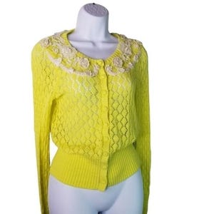 Y2K Anthropologie Little Yellow Bird Cardigan Sweater, Crochet Lace Applique Coquette Top, Twee Gilmore Girls Soft Girl Knit image 4