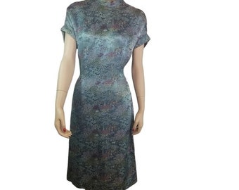 Vtg 50s 60s blue satin cheongsam dress