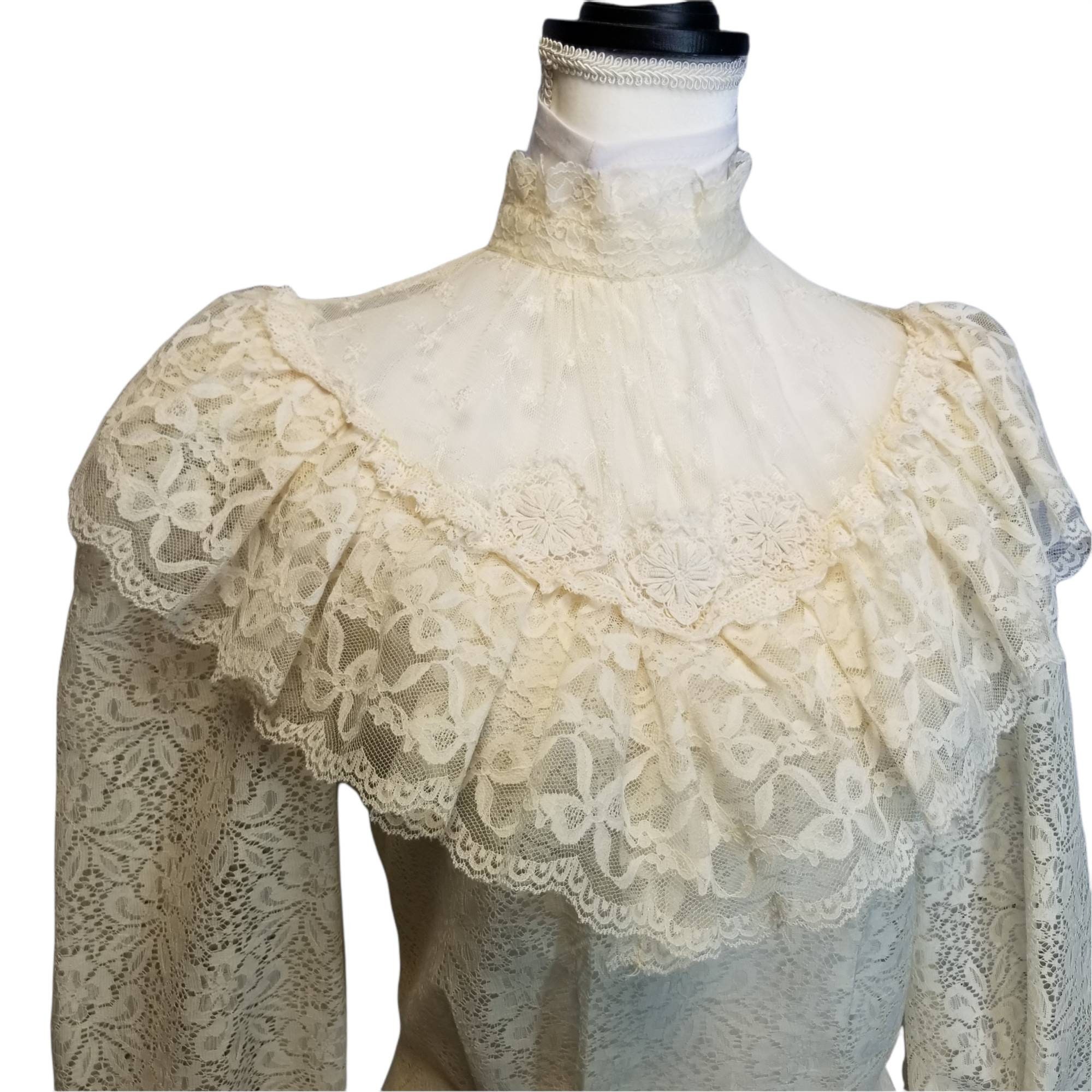 Vtg 70s Does Victorian Ivory Lace Sheer Ruffle Puffy Sleeve Vtg 70s Does Victorian Ivory Lace Sheer Ruffle Puffy Sleeve