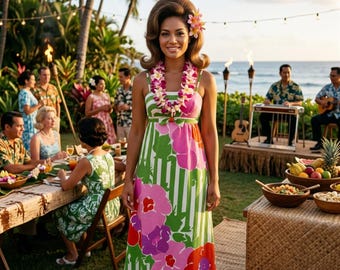 Vtg 60s Malia Honolulu floral long maxi dress Marimekko style flowers, vintage 1960s hawaiian strapless luau hostess flowered dress