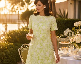 Vtg 60s white green floral lightweight dress, vintage 1960s daisy floral shift dress, green white daisy floral mod dress 1960s