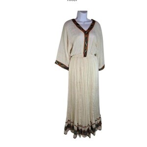 Vintage 70s Ivory Gauze Pleated Dress, Boho Hippie Ribbon Trim Ethnic Folk Dress, Long Festival Peasant Gown, Flowy Prairie Vibes