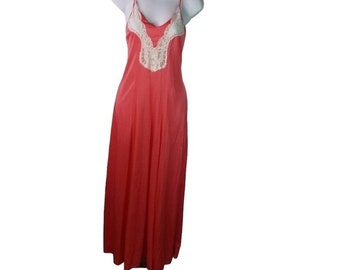 Vtg 70s coral ivory lace sleeveless long maxi nightgown dress
