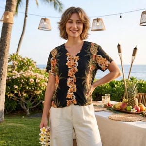 May include: Black short-sleeve shirt with a V-neck and a pineapple and floral pattern. The shirt is paired with cream-colored pants. The scene is set outdoors with a table of fruit and tropical decor.