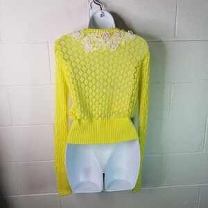 Y2K Anthropologie Little Yellow Bird Cardigan Sweater, Crochet Lace Applique Coquette Top, Twee Gilmore Girls Soft Girl Knit image 10