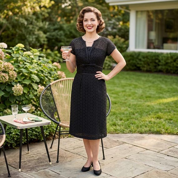 Vtg 50s black cotton eyelet dress, 1950s black cotton eyelet dress, vintage black 50s eyelet dress, short sleeve black eyelet dress