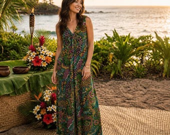 70s Neon Floral Print Hippie Maxi Dress / Small