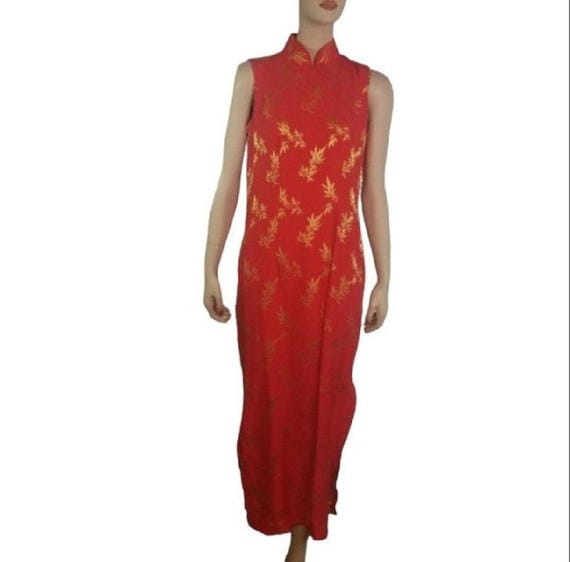 Vtg 60s Orange Yellow Silk Sleeveless Cheongsam Dress, Vintage