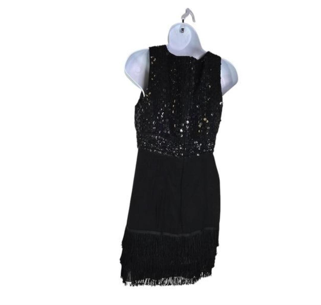 nanette lepore sequin fringe dress Vintage Y2K Nanette Lepore Black Sequin Fringe Cocktail Dress Beaded Party  Club LBD