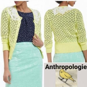 Y2K Anthropologie Little Yellow Bird Cardigan Sweater, Crochet Lace Applique Coquette Top, Twee Gilmore Girls Soft Girl Knit image 2