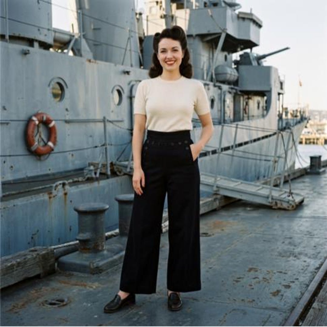 Vintage 1940s WWII Navy Sailor Pants, Black Wool Wide Leg Trousers