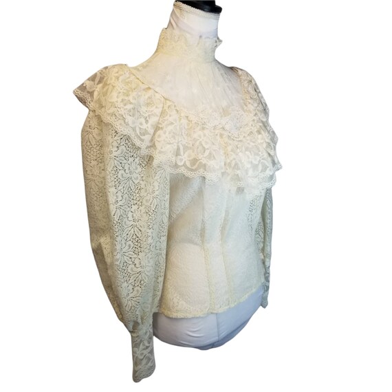 Vtg 70s does victorian ivory lace sheer ruffle pu… - image 3