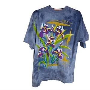Vintage 90s Back Alley Iris Flower Tee, Single Stitch USA T-Shirt, Cottagecore Floral Graphic Shirt, Soft Faded Blue Unisex Top M L