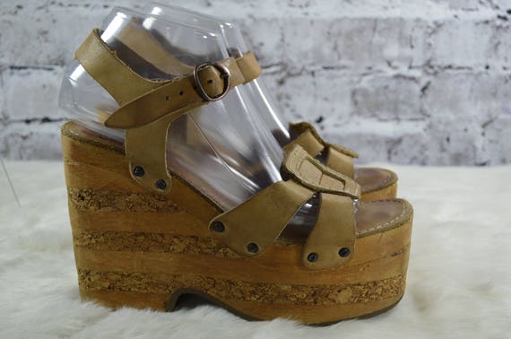 vintage 1970s Impo Casual Mega Platform Wood Cork… - image 1