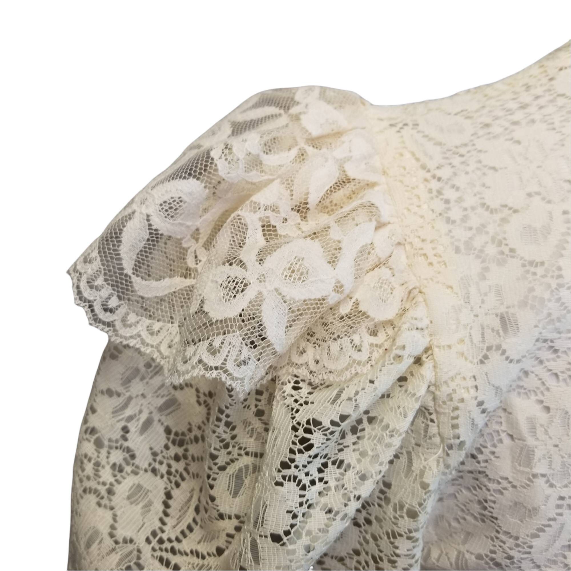 Vtg 70s Does Victorian Ivory Lace Sheer Ruffle Puffy Sleeve Button 