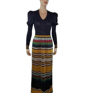Vintage 70s Young East Metallic Knit Maxi Dress, Lurex Striped Colorblock Hostess Gown, Disco Party Cocktail Evening Dress, Stretchy Sparkle
