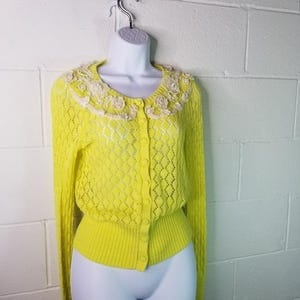 Y2K Anthropologie Little Yellow Bird Cardigan Sweater, Crochet Lace Applique Coquette Top, Twee Gilmore Girls Soft Girl Knit image 6