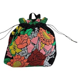 Vintage 1960s Neon Beaded Floral Drawstring Bag, Boho Hippie Plastic Bead Purse, Festival Ethnic Retro Accessory, Bright Flower Print