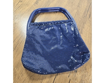 Vintage 1970s 70s Navy Blue Sequin Mesh Evening Bag, Plastic Handle Cocktail Purse, Disco Party Formal Wedding Holiday Handbag
