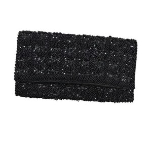 Vintage 60s Black Beaded Cocktail Clutch, Mid Century Evening Purse, Formal Prom Bag, Retro Little Fabric Handbag