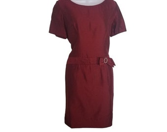 Vtg wine bow rhinestone dress, vintage drop waist rhinestone bow dress, rust red shift dress, vintage shift dress, rhinestone buckle waist