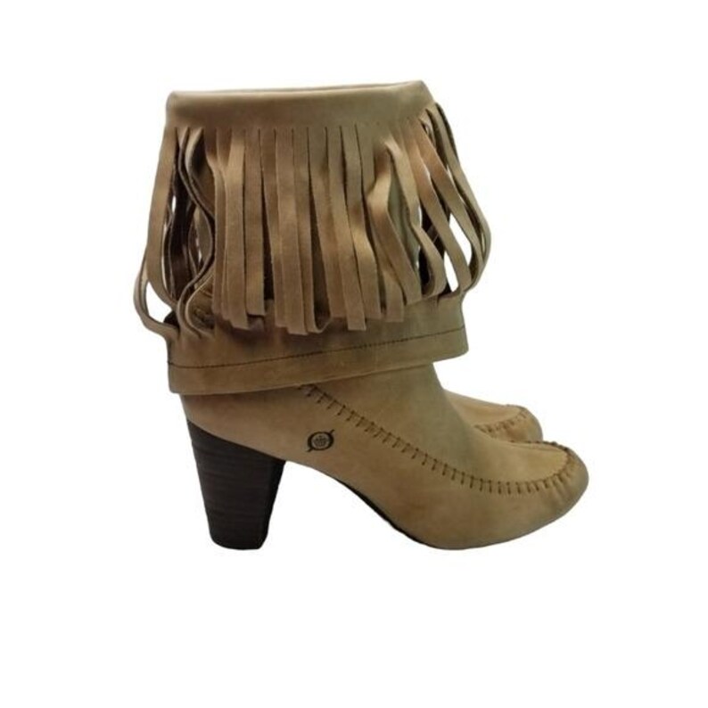 May include: Tan suede ankle boots with a fringe detail around the top. The boots have a rounded toe, a stacked heel, and a decorative stitch pattern. The heel height is approximately 3 inches.
