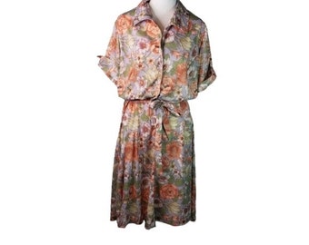 Vtg 70s floral button up polyester dress volup, vintage 1970s flower secretary dress, hippie boho floral short sleeve dress