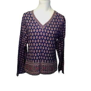 Vintage 70s SOHO Village India Block Print Gauze Cotton Blouse, Boho Hippie Ethnic Top, Long Sleeve Peasant Shirt, Festival Style