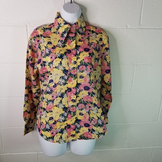 Vtg 70s floral dagger pointed collar button up sh… - image 2