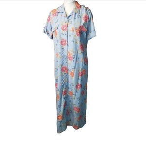 Vtg 90s Y2K blue floral midi button shirt dress, vintage 1990s cottagecore button up short sleeve flowered modest midi summer spring dress
