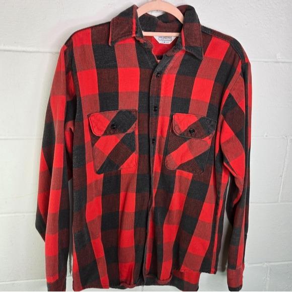 Vtg 70s Five Brothers Red Checkered Flannel Shirt Made in Usa