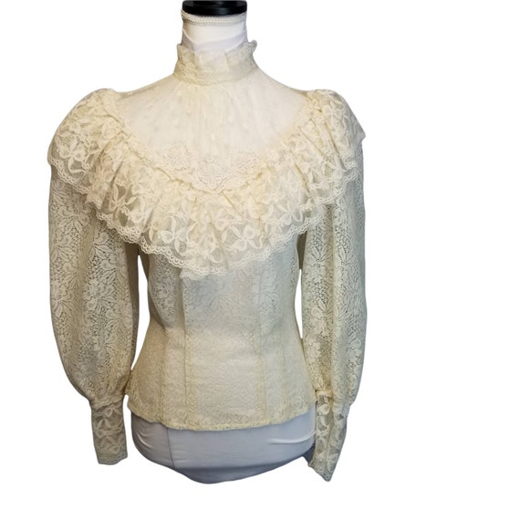 Vtg 70s does victorian ivory lace sheer ruffle pu… - image 1