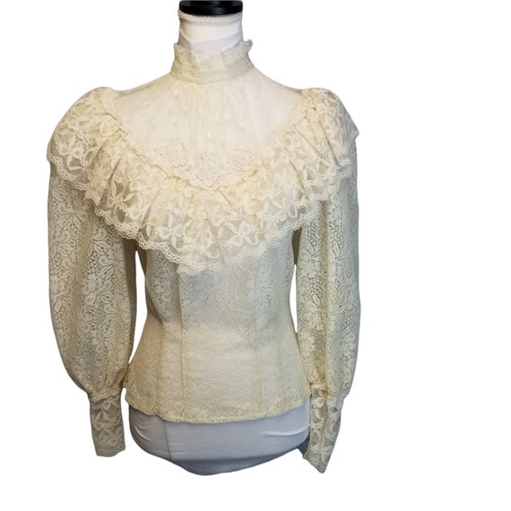 Vtg 70s Does Victorian Ivory Lace Sheer Ruffle Puffy Sleeve Vtg 70s Does Victorian Ivory Lace Sheer Ruffle Puffy Sleeve