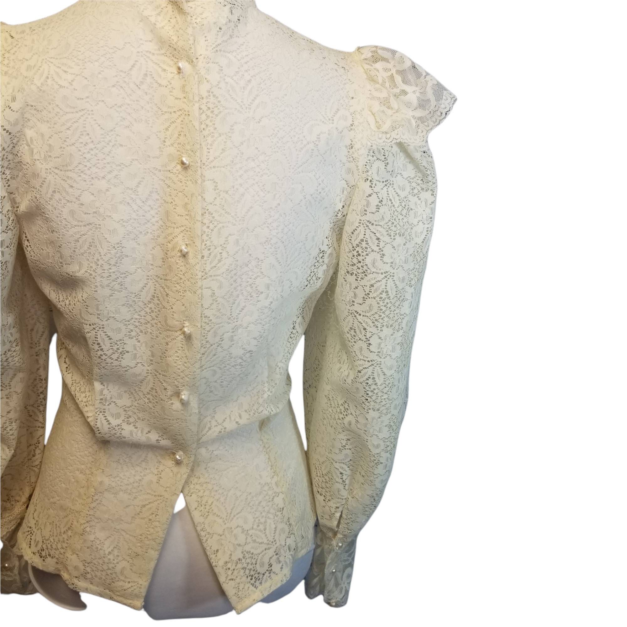 Vtg 70s Does Victorian Ivory Lace Sheer Ruffle Puffy Sleeve Vtg 70s Does Victorian Ivory Lace Sheer Ruffle Puffy Sleeve