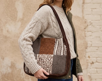 Sac à main vintage cachemire en laine et patchwork de l'an 2000, sac Italie à imprimés variés, tons neutres bohèmes rustiques, texturé sac à main