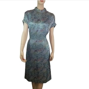 Vtg 50s 60s blue satin cheongsam dress, vintage 1950s 1960s light blue oriental asian short sleeve dress, mcm mod mid century