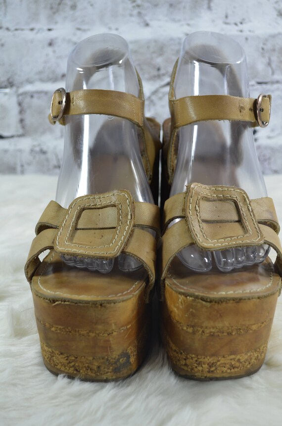 vintage 1970s Impo Casual Mega Platform Wood Cork Lea… - Gem