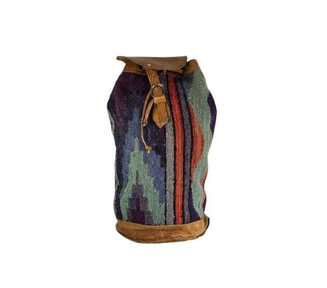 Vintage Woven Rug Leather Backpack, Southwestern Duffle Tote  display picture 1