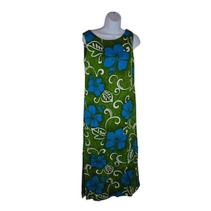 Vintage 60s Ke’Ano Hawaiian Dress, Green Blue Tropical Floral Barkcloth Sleeveless Long Dress, Tiki Mod Aloha Luau Summer Cruise Resort