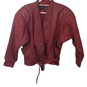 vtg 80s Red Leather Dolman Crop Jacket S, vintage 1980s Bermans dolman crop thriller leather belt cropped womens jacket