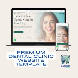 Puede incluir: Un portátil y un smartphone muestran una plantilla de sitio web de clínica dental. El sitio web presenta a una mujer sonriente, el texto "Crystal Clear Dental Care in Your City" y una llamada a la acción. Debajo, el texto dice "Premium Dental Clinic Website Template."