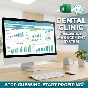 Può includere: Un monitor di computer mostra una dashboard del sistema di gestione finanziaria di una clinica dentistica con grafici. Il testo sullo schermo recita "Executive Dashboard". È visibile anche una tazza con il logo della clinica dentistica e la scritta "STOP GUESSING. START PROFITING."