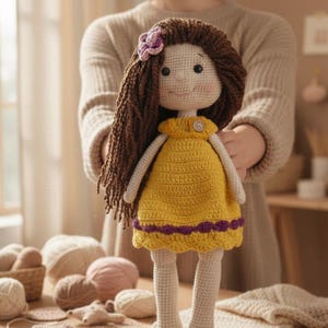 Patroon gehaakte pop Molly pdf | 16-inch scharnierende amigurumi met beweegbare poten