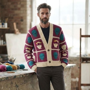 Winter Knit Cardigan for Men, Crochet Granny Square Jacket, Boho Mens Outfit, Retro Vintage Style Sweater, Halloween Gift for Dad