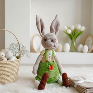 Großen Osterhasen Amigurumi Muster mit Overall häkeln 18-Zoll Plüschtier PDF gehäkelt