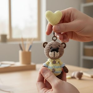 May include: A crocheted teddy bear keyring with a yellow heart charm. The bear is brown with a cream muzzle and a yellow and blue striped sweater. The keyring is held by a person's hands.