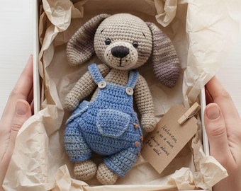 Patrón de perro de ganchillo con mono (juguete amigurumi) en PDF con fotos detalladas.