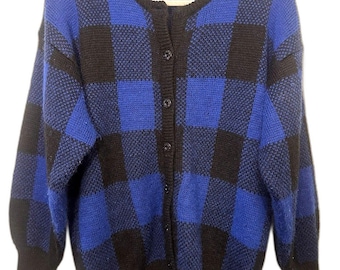 Jahrgang J.A. Higgins Buffalo Plaid Strickjacke Blau Schwarz Knopf Pullover USA S