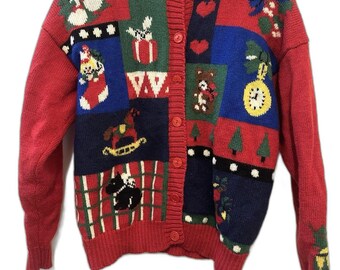 Jersey navideño de lana vintage talla L Petite con diseño de patchwork y motivos navideños.